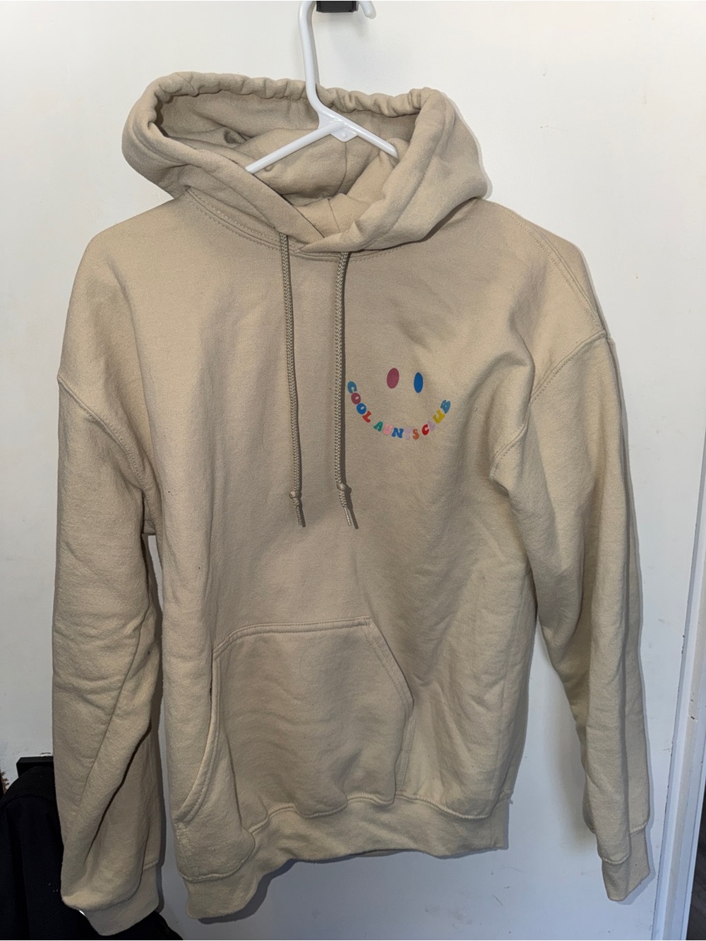 Gildan Tan Hoodie with Small Multicolor Smile Graphic